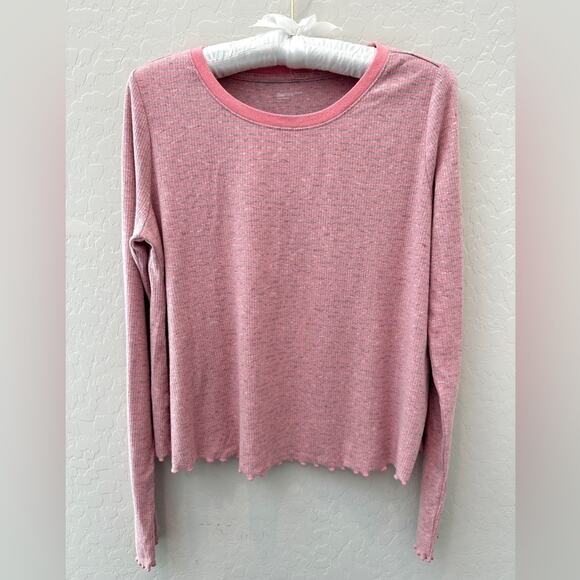 GAP | GapBody Pink & Gray Striped Lettuce Hem Long Sleeve Tee | Size XS - Picture 1 of 6